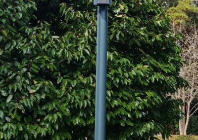 Mât de vidéosurveillance peint à la teinte choisie par le client, avec caméra motorisée, caméra à double objectif et projecteurs, intégré dans un jardin