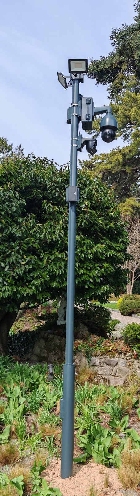 Mât de vidéosurveillance peint à la teinte choisie par le client, avec caméra motorisée, caméra à double objectif et projecteurs, intégré dans un jardin